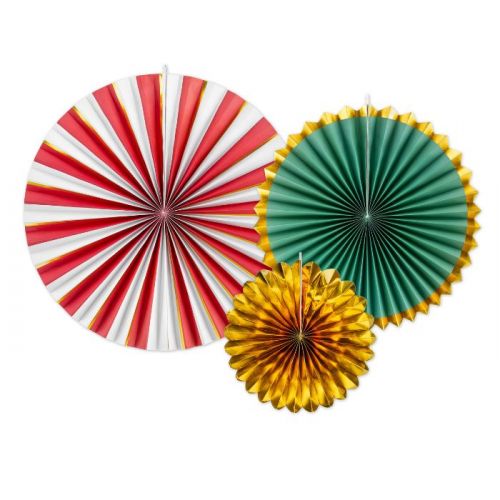 Paper fans rood/groen/goud (3 st)