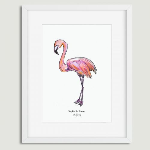 Aquarel poster roze flamingo illustratie Sophie de Ruiter