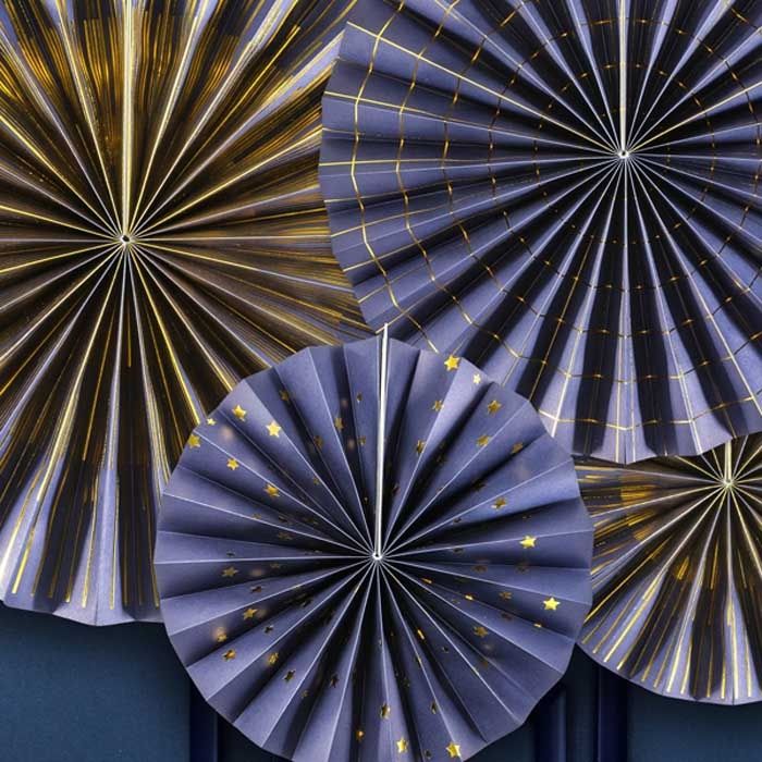 Paper Fans donkerblauw-goud (4st) Golden Grid