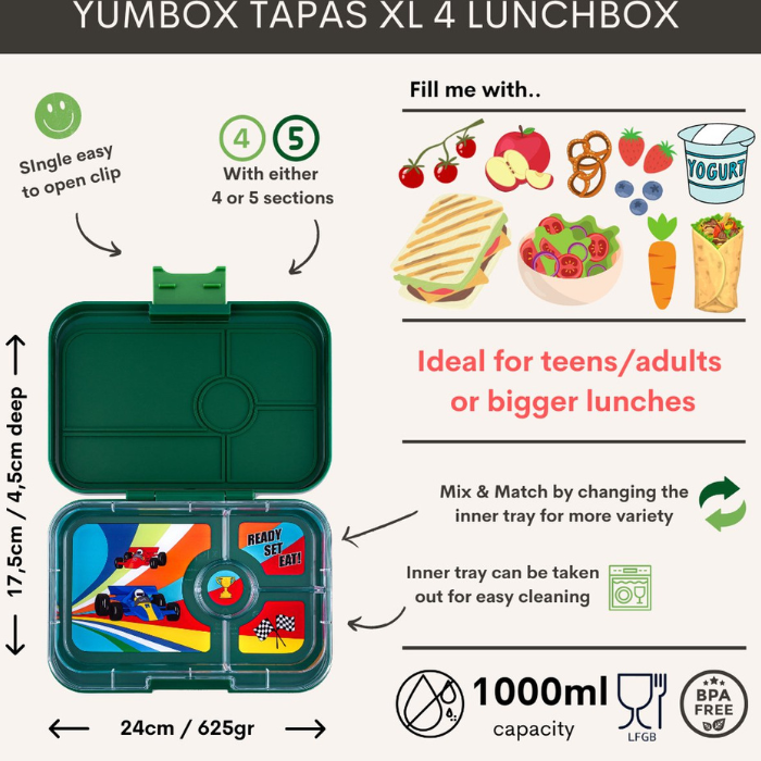 Yumbox lunchbox Bento greenwich/race cars 4 vakken
