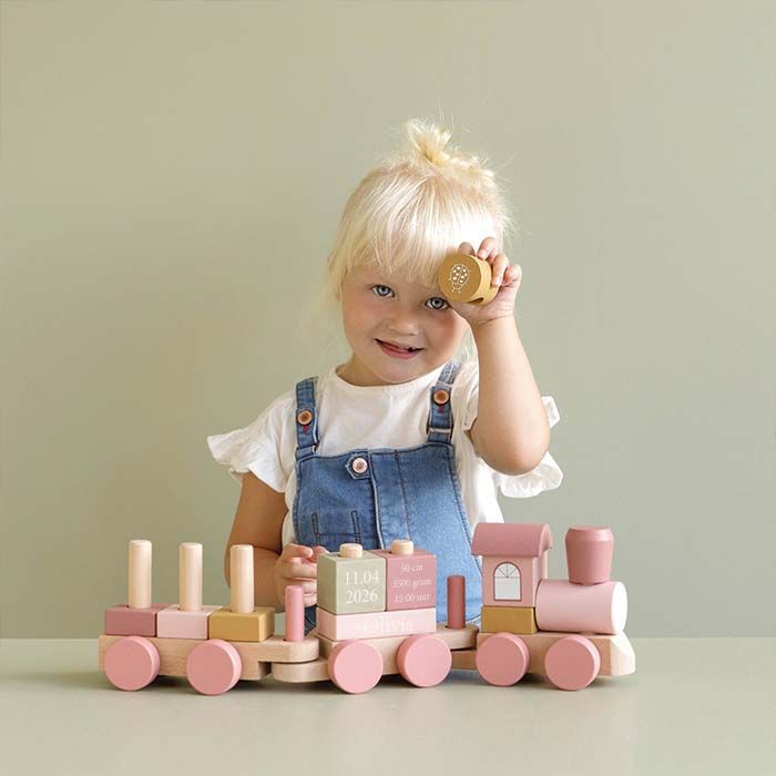 Little Dutch houten trein blokken roze met naam