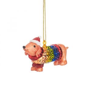Kersthanger hond in regenboog pakje